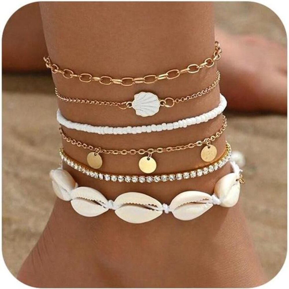 Bead Ankle Bracelets Set For Women, Adjustable Gold Boho Shell Anklet, Hawaiian